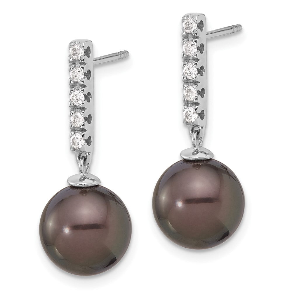 14K White Gold 9-10mm Black Round Tahitian Saltwater Cultured Pearl and .20c Carat Diamond Post Dangle Earrings