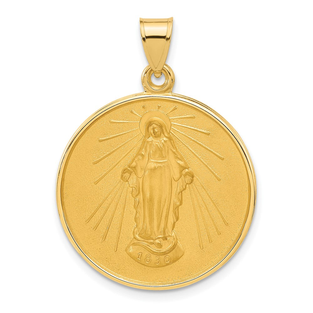 14K Yellow Gold Polished and Satin Solid Miraculous Medal Plain Back Round Pendant