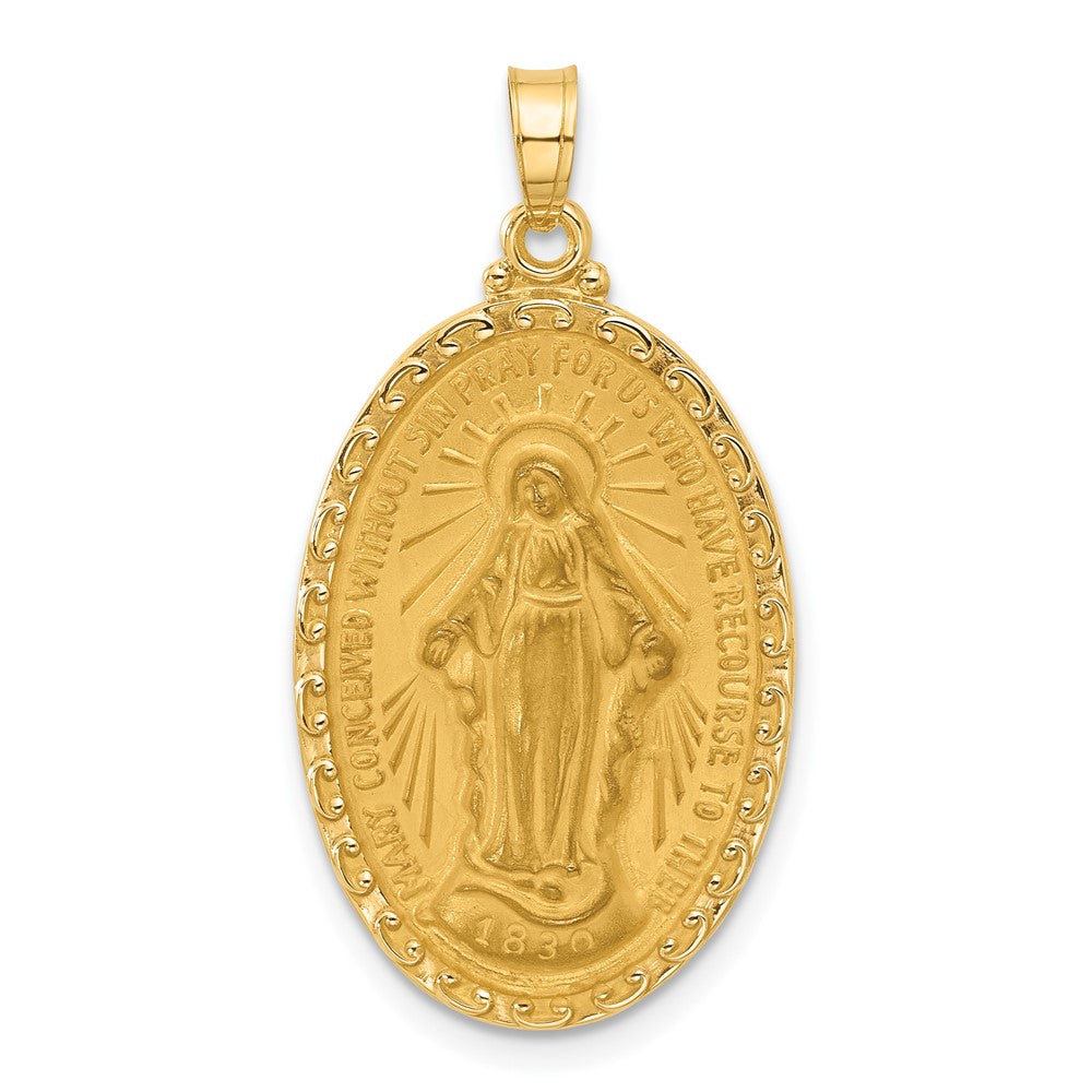 14K Yellow Gold Polished and Satin Solid Miraculous Medal Oval Pendant