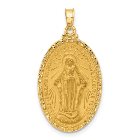 14K Yellow Gold Polished and Satin Solid Miraculous Medal Oval Pendant