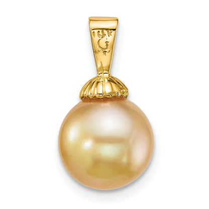 14K Yellow Gold Polished 9-10mm Round Golden South Sea Saltwater Cultured Pearl Pendant