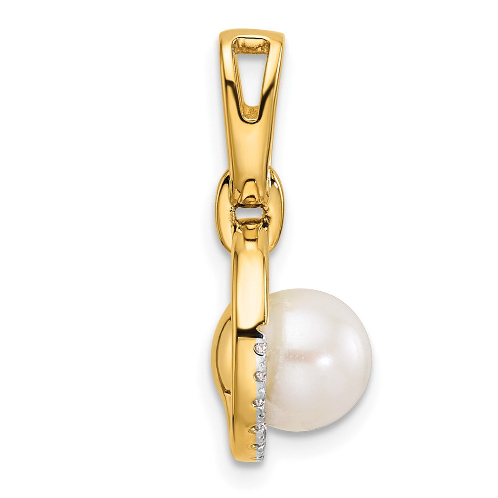 14K Yellow Gold Polished 1/15 carat Diamond and Freshwater Cultured Pearl Open Circle Pendant