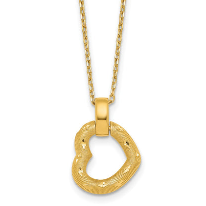 14K Yellow Gold Polished Textured and Diamond-cut Fancy Heart Pendant 16 Inch Necklace with 2.25 Inch Extender