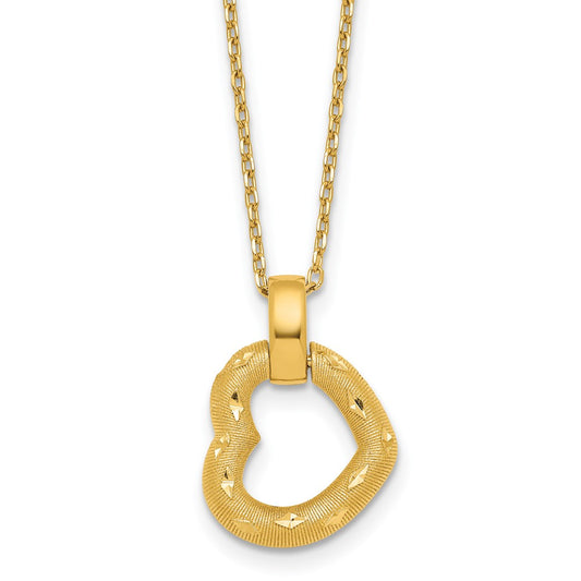 14K Yellow Gold Polished Textured and Diamond-cut Fancy Heart Pendant 16 Inch Necklace with 2.25 Inch Extender