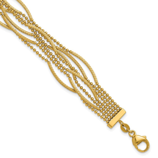 14K Yellow Gold Polished and Textured Multi Strand Beaded 7.25 Inch Bracelet
