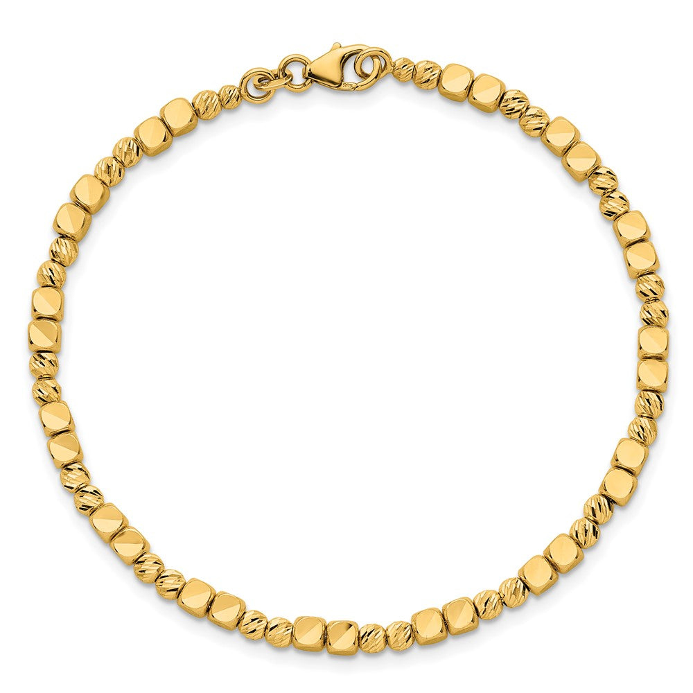 14K Yellow Gold Polished Diamond-cut and Square Beaded 7 Inch Bracelet
