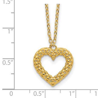 14K Yellow Gold Polished Textured Heart Pendant 18 Inch Necklace