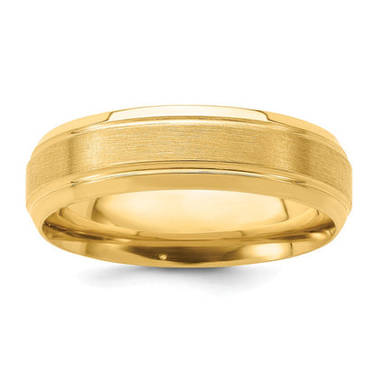 14K Yellow Gold 6mm Standard Weight Comfort Fit Brushed Satin/Polished Line Edge Wedding Band Ring