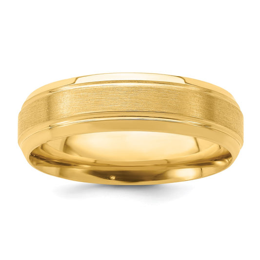 14K Yellow Gold 6mm Standard Weight Comfort Fit Brushed Satin/Polished Line Edge Wedding Band Ring
