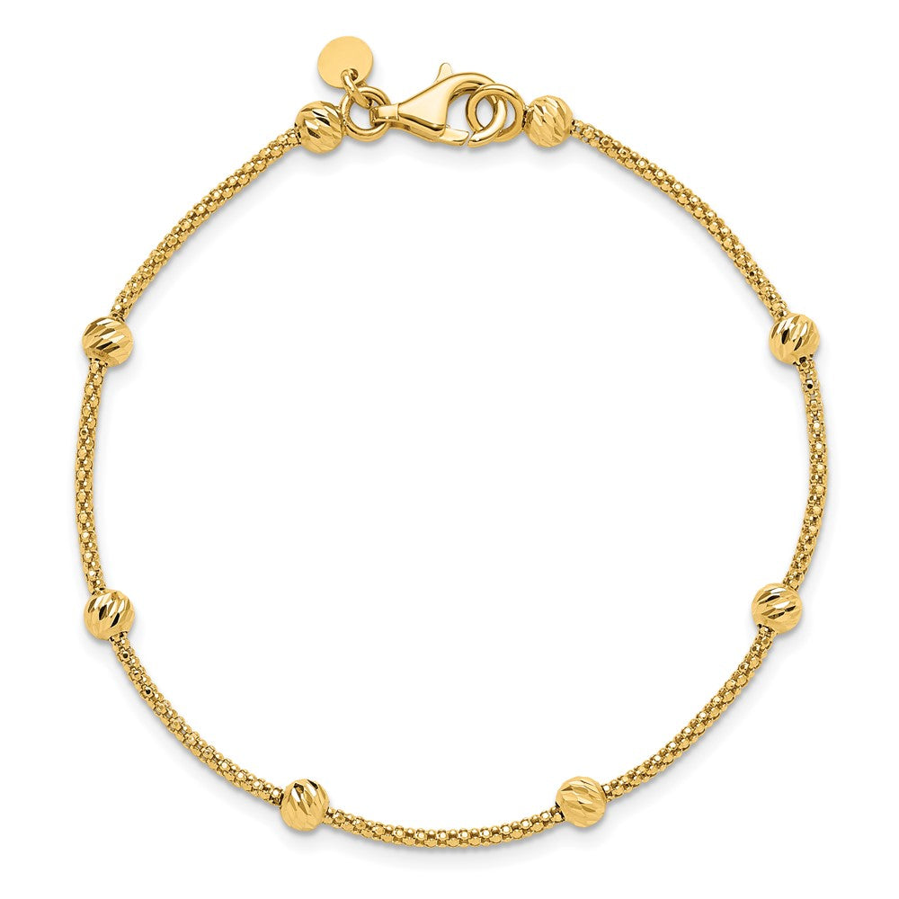 14K Yellow Gold Polished Diamond-cut Beads and Mesh Chain 7.5 Inch Bracelet
