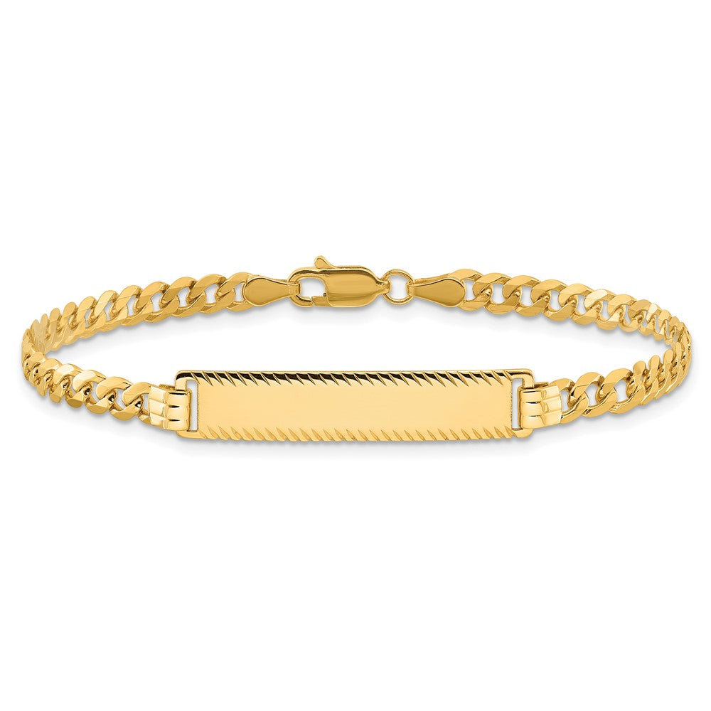 14K Yellow Gold Polished Solid Chain/Solid Plate Flat Curb Link Diamond-cut 29x6.5mm Plate 7 Inch ID Bracelet