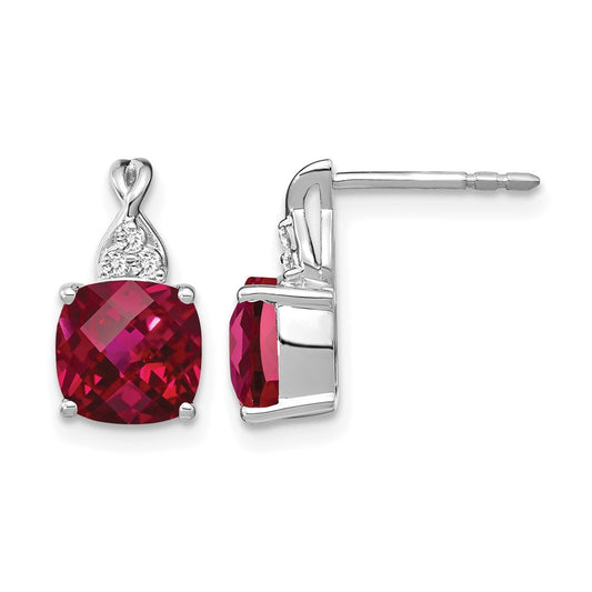 14K White Gold 7mm Cushion Checkerboard July/Lab Created Ruby and Diamond Post Earrings