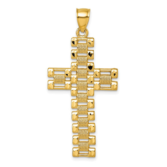 14K Yellow Gold Polished Diamond-cut Textured Fancy Link Design Latin Cross Pendant