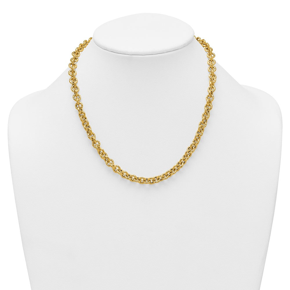 14K Yellow Gold Polished and Textured 7.3mm Cable Chain 18 Inch Necklace