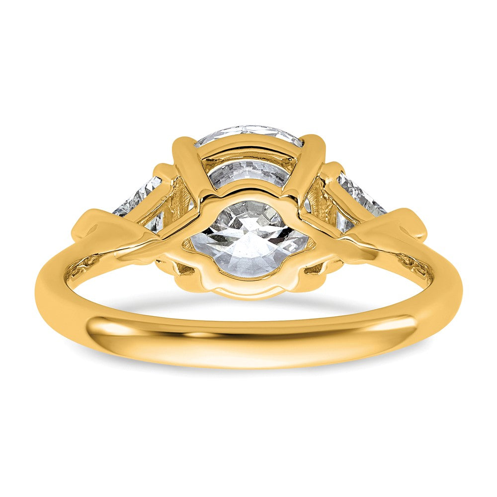 14K Yellow Gold 3 1/8 carat Certified Lab Grown Diamond VS+ F+ Round and Triangle Complete Three Stone Engagement Ring