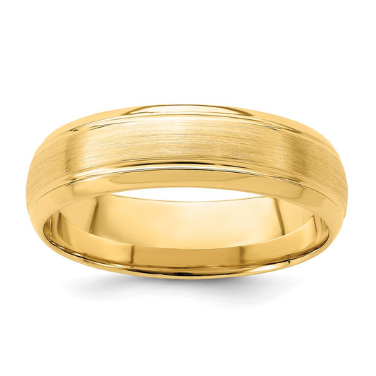 14K Yellow Gold 6mm Lightweight Comfort Fit Brushed Satin Line Edge Wedding Band Ring