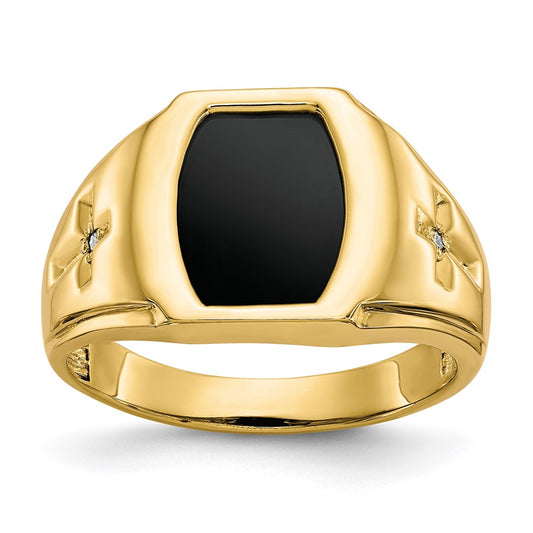 14K Yellow Gold Men's Onyx and .01ct Diamond Cross Ring