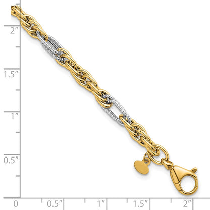 14K Yellow Gold with Rhodium Polished 4.2mm Fancy Rope Chain 7.5 Inch Bracelet