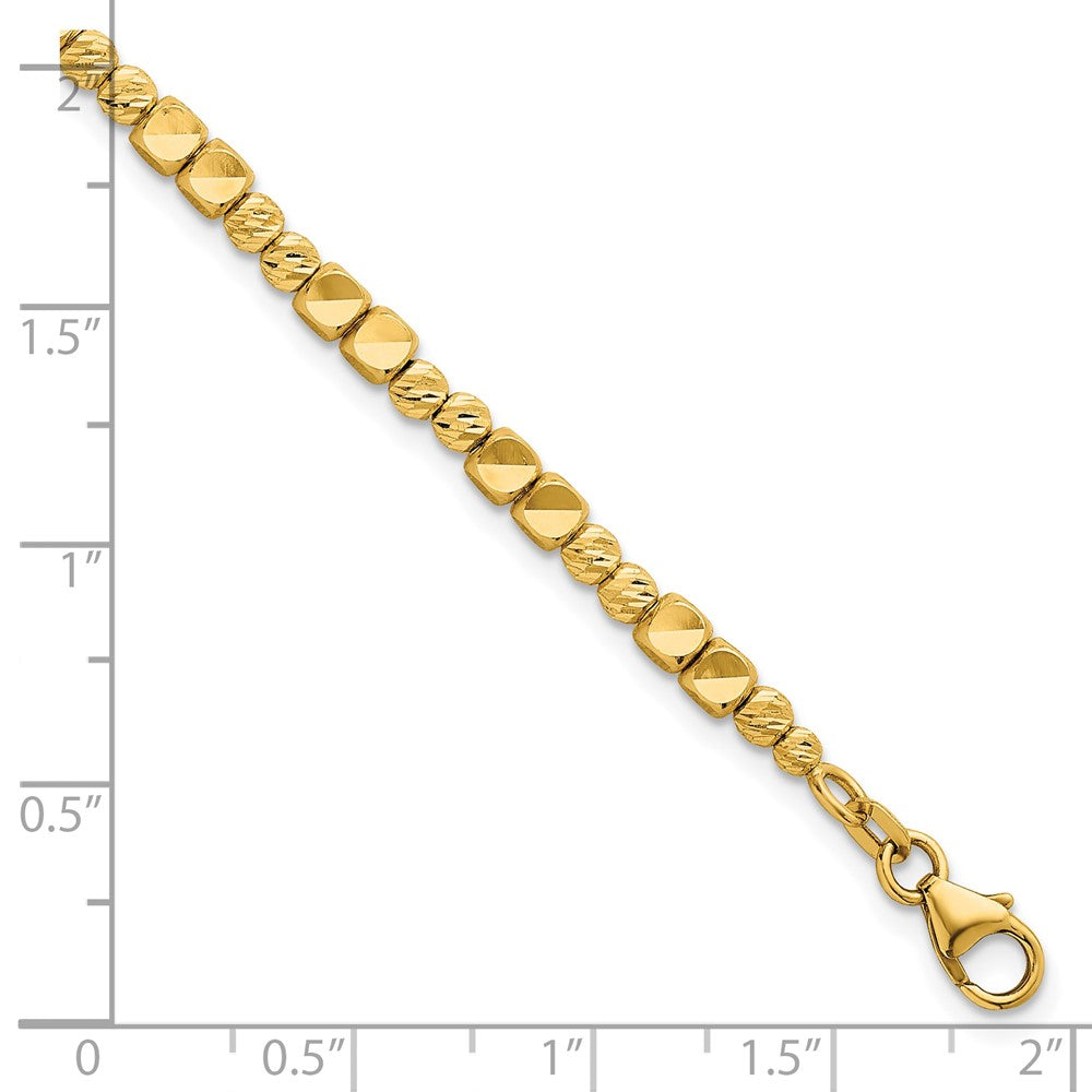 14K Yellow Gold Polished Diamond-cut and Square Beaded 7 Inch Bracelet
