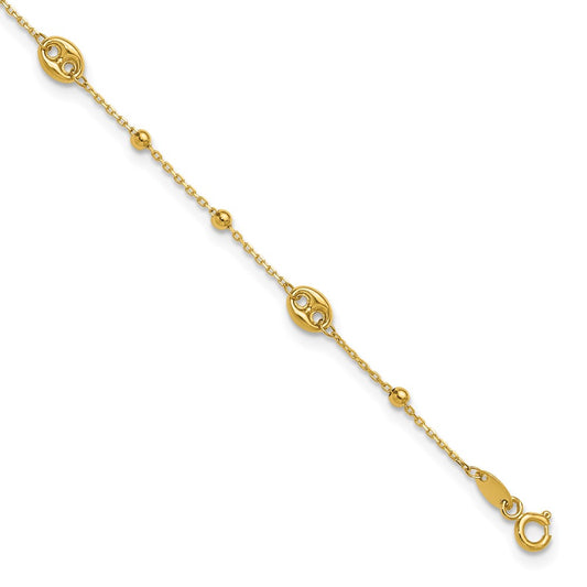 14K Yellow Gold Puffed Mariner Beaded 9 Inch Plus 1 Inch Extender - Total 10 Inch Anklet