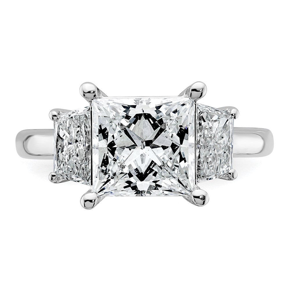 14K White Gold 4 carat Lab Grown Diamond VS+ F+ Princess and Trapezoid Complete Three Stone Engagement Ring