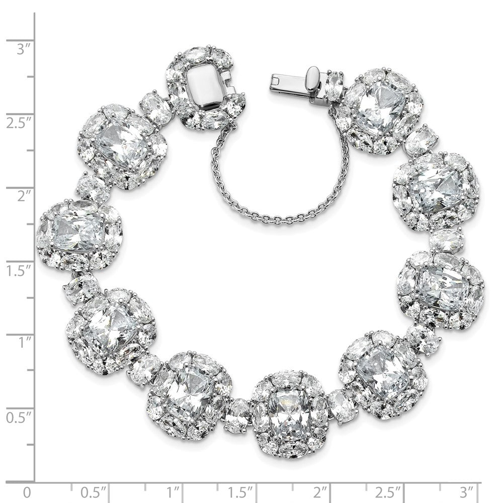 Cheryl M Sterling Silver Rhodium-plated Polished Fancy Cushion-cut CZ Halo Cluster with Safety Chain Bracelet