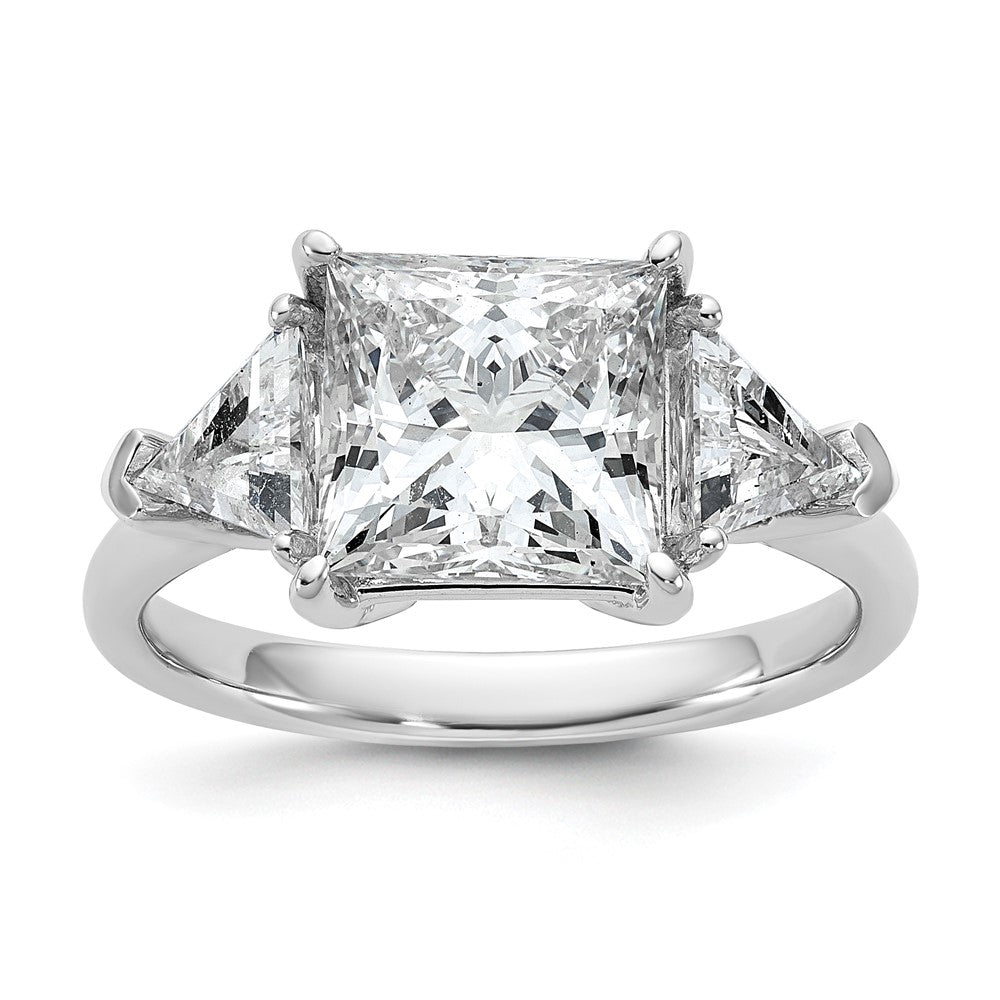 14K White Gold 4 1/8 carat Certified Lab Grown Diamond VS+ F+ Princess and Trillion Complete Three Stone Engagement Ring
