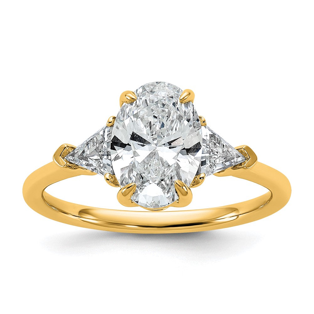 14K Yellow Gold 2 carat Certified Lab Grown Diamond VS+ F+ Complete Oval and Trillion Three Stone Engagement Ring