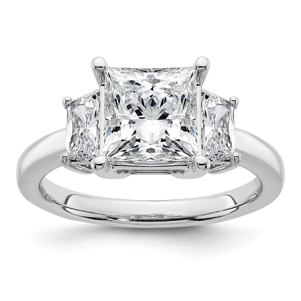 14K White Gold 3/4 carat Lab Grown Diamond VS+ F+ Trapezoid 2 1/2 carat Princess Center Semi Mount Three Stone Engagement Ring