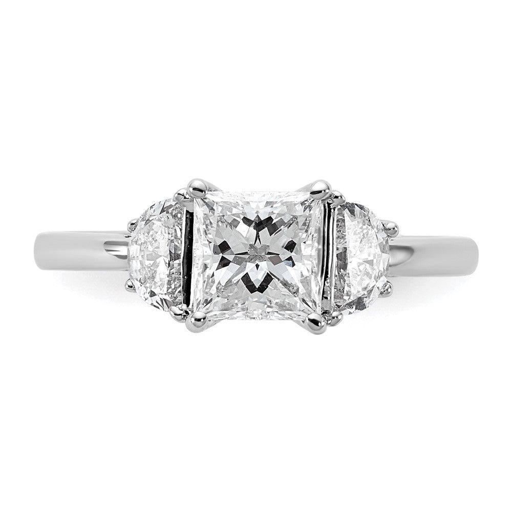 14K White Gold 3/8 carat Lab Grown Diamond VS+ F+ Half Moon 1 carat Princess Center Semi Mount Three Stone Engagement Ring