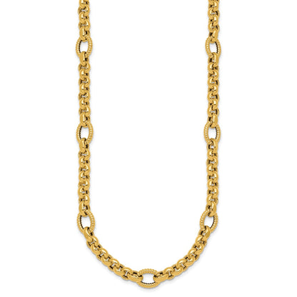 14K Yellow Gold Polished and Textured Rolo and Oval Fancy Chain 18 Inch Necklace