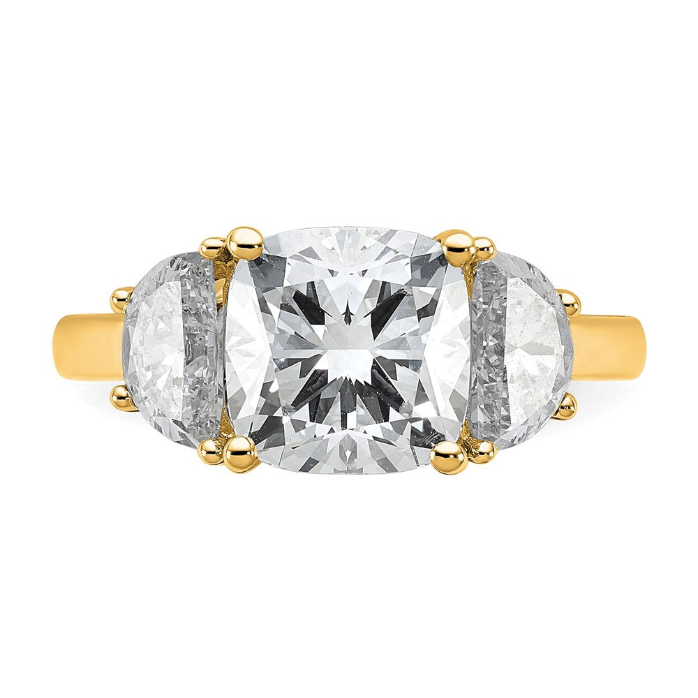 14K Yellow Gold 4 carat Certified Lab Grown Diamond VS/SI+ G+ Complete Cushion and Half Moon Three Stone Engagement Ring