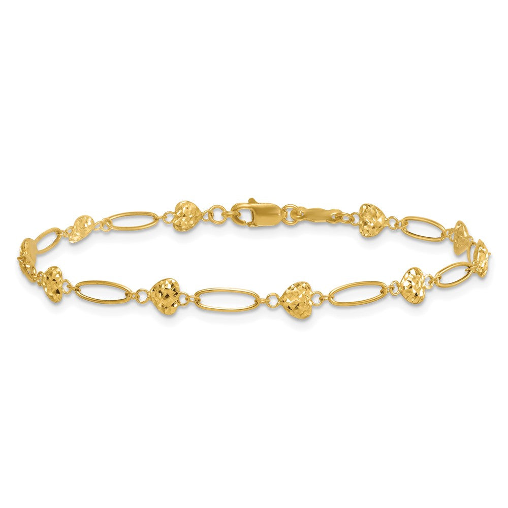 14K Yellow Gold Polished Oval Links with Diamond-cut Puffed Hearts 7.5 Inch Bracelet