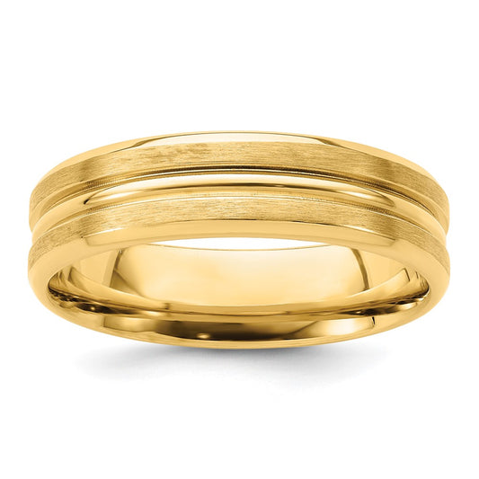 14K Yellow Gold 6mm Standard Weight Comfort Fit Brushed Satin with Center Groove Wedding Band Ring