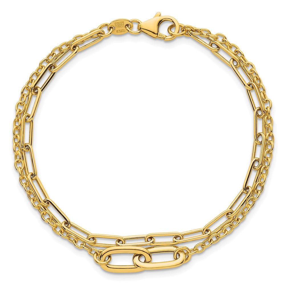 14K Yellow Gold Polished Paperclip and Oval Cable Link Double Strand 7.5 Inch Bracelet