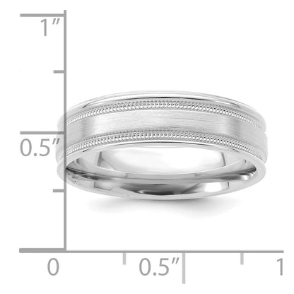 14K White Gold 6mm Lightweight Comfort Fit Brushed Satin/Polished Milgrain Grooved Edge Wedding Band Ring