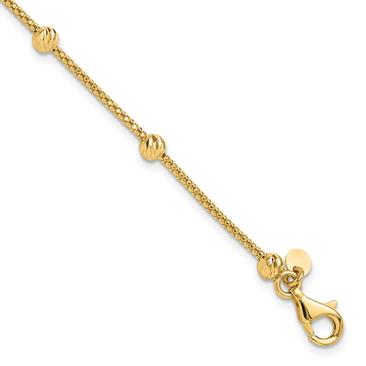 14K Yellow Gold Polished Diamond-cut Beads and Mesh Chain 7.5 Inch Bracelet
