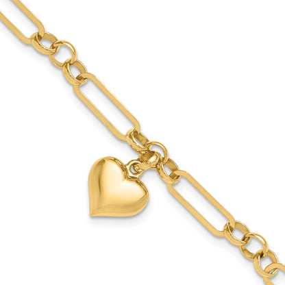 14K Yellow Gold Polished Puffed Heart Charm Dangle Figaro Link 7.5 Inch Bracelet