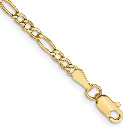 7 Inch 10K Yellow Gold 2.5mm Semi Solid Figaro Chain Bracelet