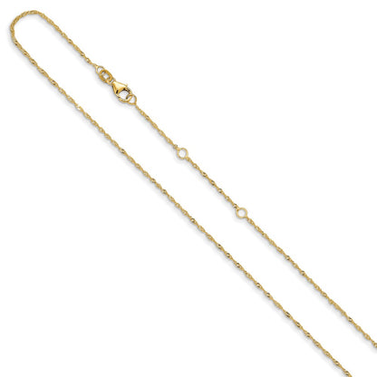 18 Inch 10K Yellow Gold 1.25mm Singapore 1In+1In Adjustable Chain Necklace