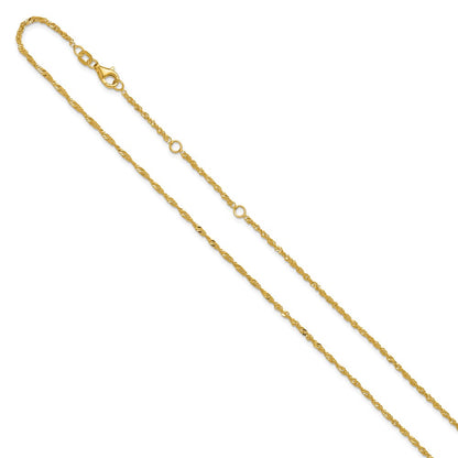 18 Inch 10K Yellow Gold 1.7mm Singapore 1In+1In Adjustable Chain Necklace