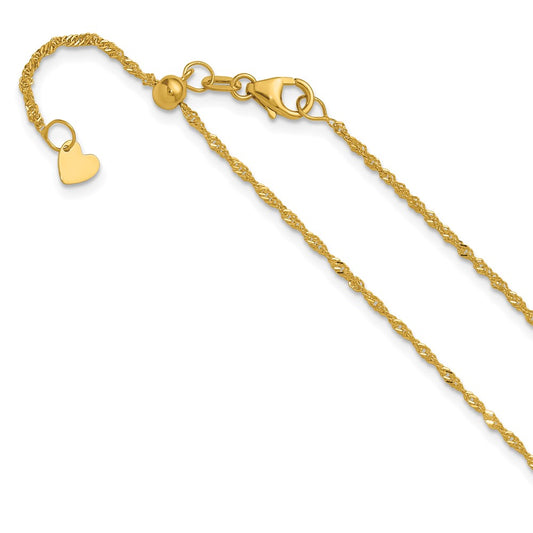 22 Inch 10K Yellow Gold Adjustable 1.3mm Singapore Chain Necklace
