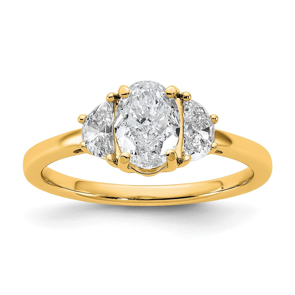 14K Yellow Gold 3/8 carat Lab Grown Diamond VS+ F+ Half Moon and 1 carat Oval Center Semi Mount Three Stone Engagement Ring