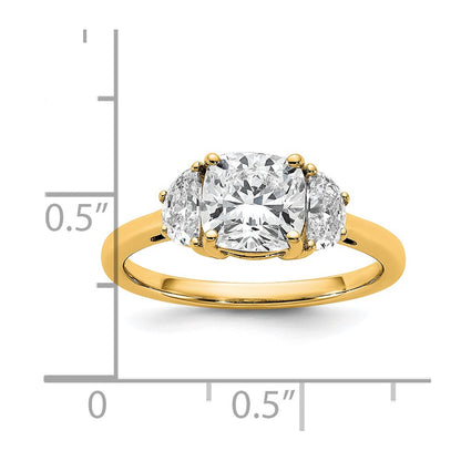 14K Yellow Gold 2 carat Certified Lab Grown Diamond VS+ F+ Complete Cushion and Half Moon Three Stone Engagement Ring