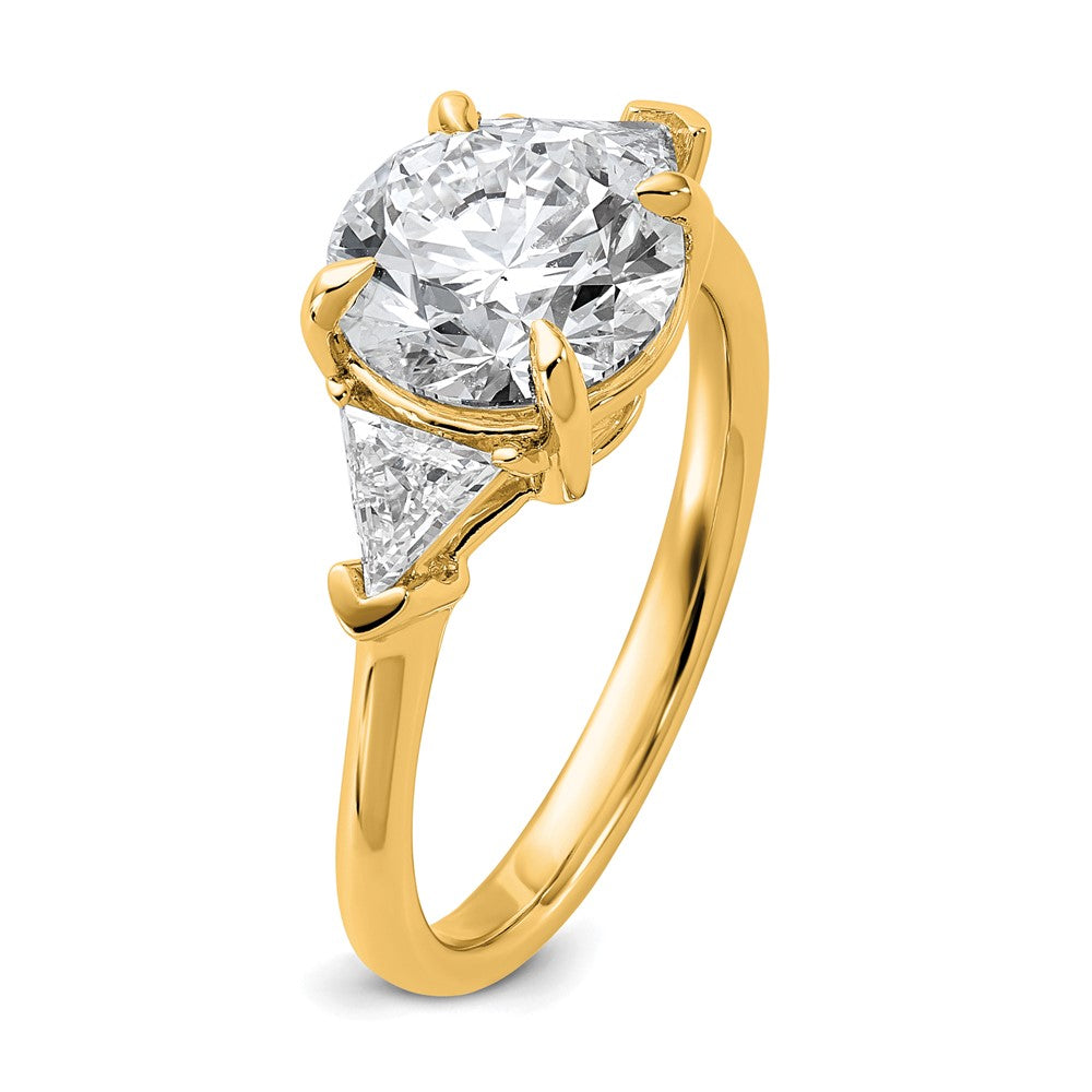 14K Yellow Gold 3 1/8 carat Certified Lab Grown Diamond VS+ F+ Round and Triangle Complete Three Stone Engagement Ring