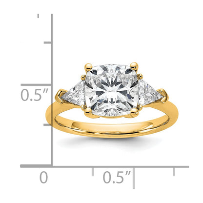14K Yellow Gold 3 1/8 carat Certified Lab Grown Diamond VS/SI+ G+ Cushion and Triangle Complete Three Stone Engagement Ring