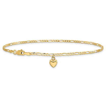 14K Yellow Gold Figaro Link Chain with Dangling Puffed Heart 9 Inch Anklet