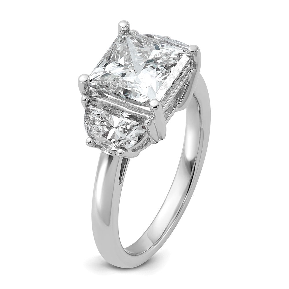 14K White Gold 4 carat Certified Lab Grown Diamond VS+ F+ Princess and Half Moon Complete Three Stone Engagement Ring