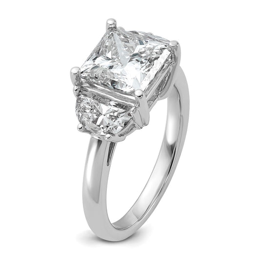 14K White Gold 4 carat Certified Lab Grown Diamond VS+ F+ Princess and Half Moon Complete Three Stone Engagement Ring