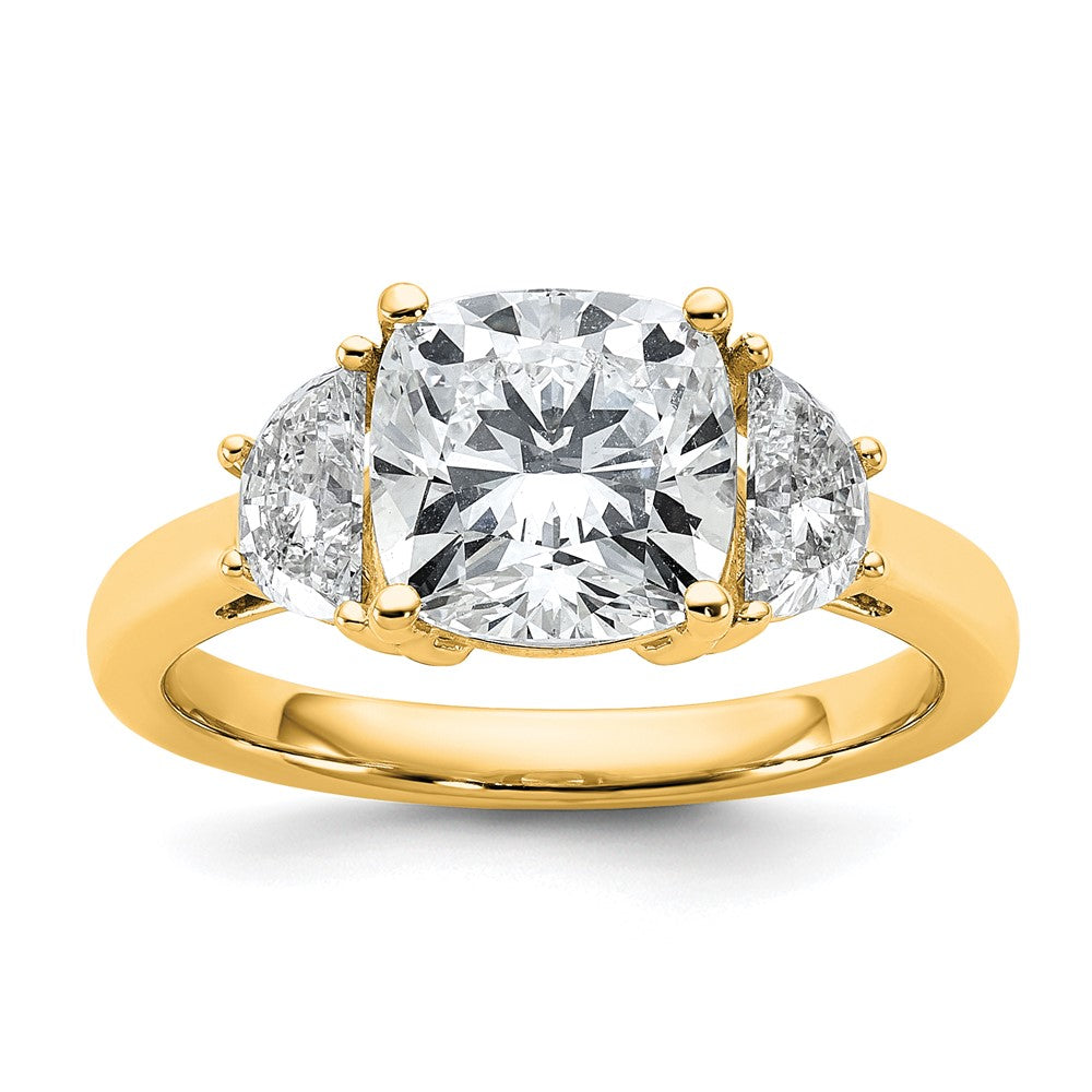 14K Yellow Gold 3 1/8 carat Certified Lab Grown Diamond VS+ F+ Complete Cushion and Half Moon Three Stone Engagement Ring